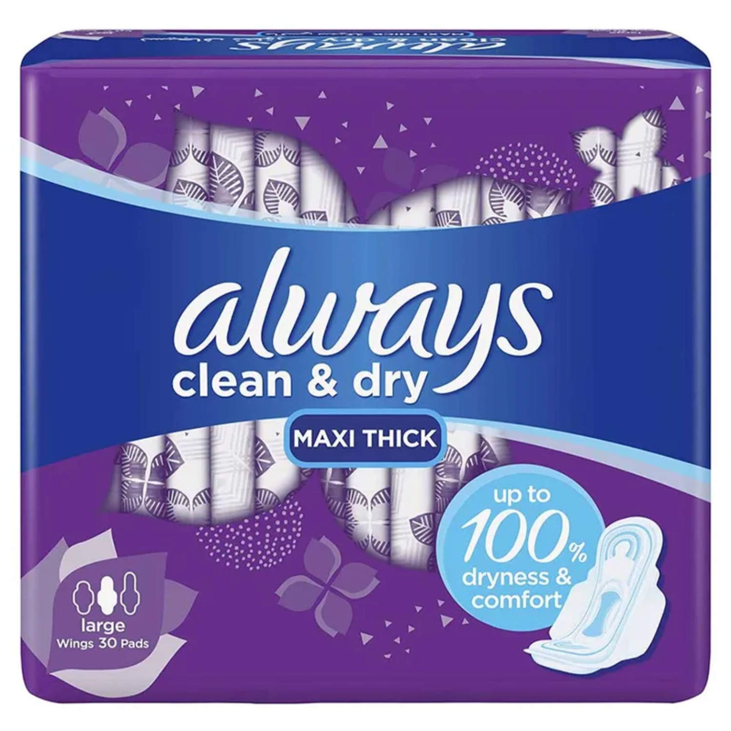 أولويز -كلين أند دراي Always Clean & Dry ماكيسي ثيك لارج سانيتاري بادس وذ وينجس 30حبة فوط صحية كبيرة سميكة ونظيفة وجافة 