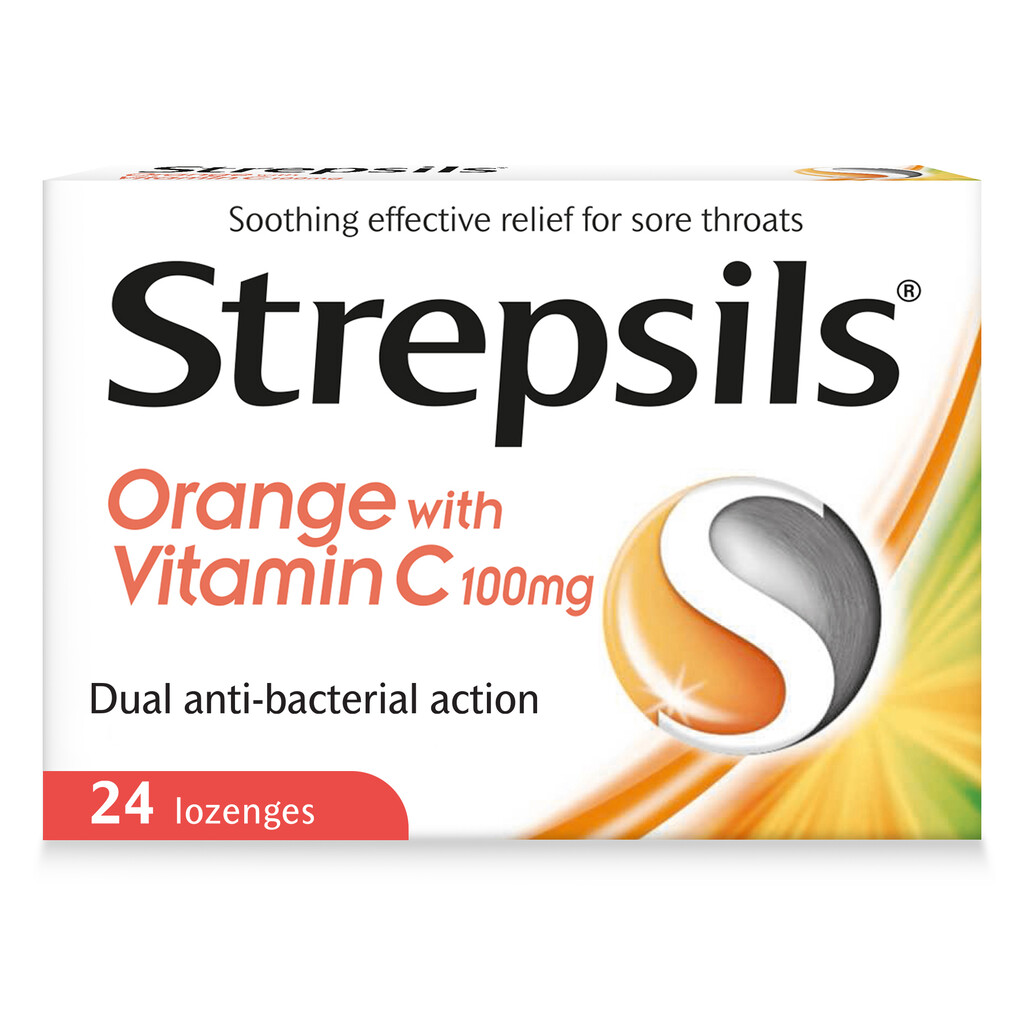 Strepsils Orange With Vitamin C, Dual Anti-Bacterial Action For Fast Effective Relief From Sore Throats, Pack of 24's