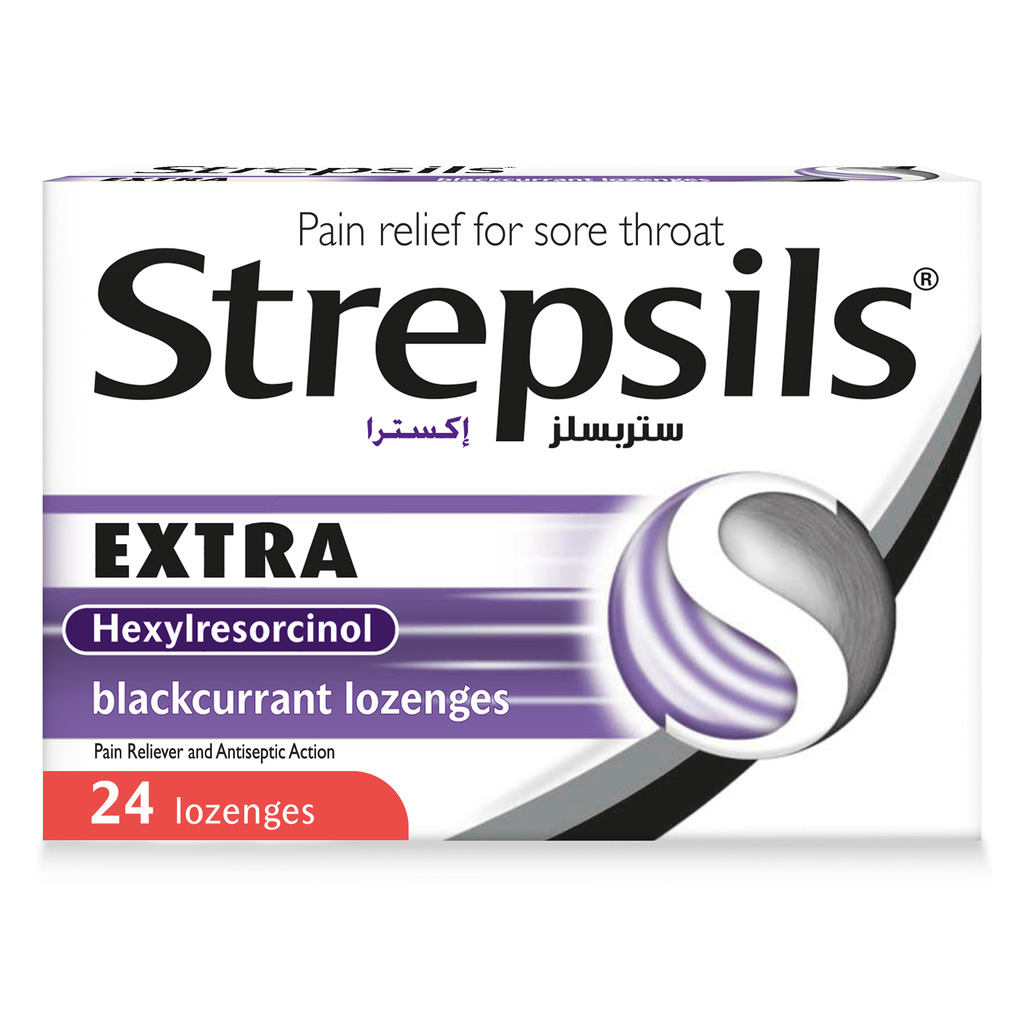 Strepsils Extra Blackcurrant Lozenges, Double Action, Effective Pain Relief For Sore Throats, Pack of 24's