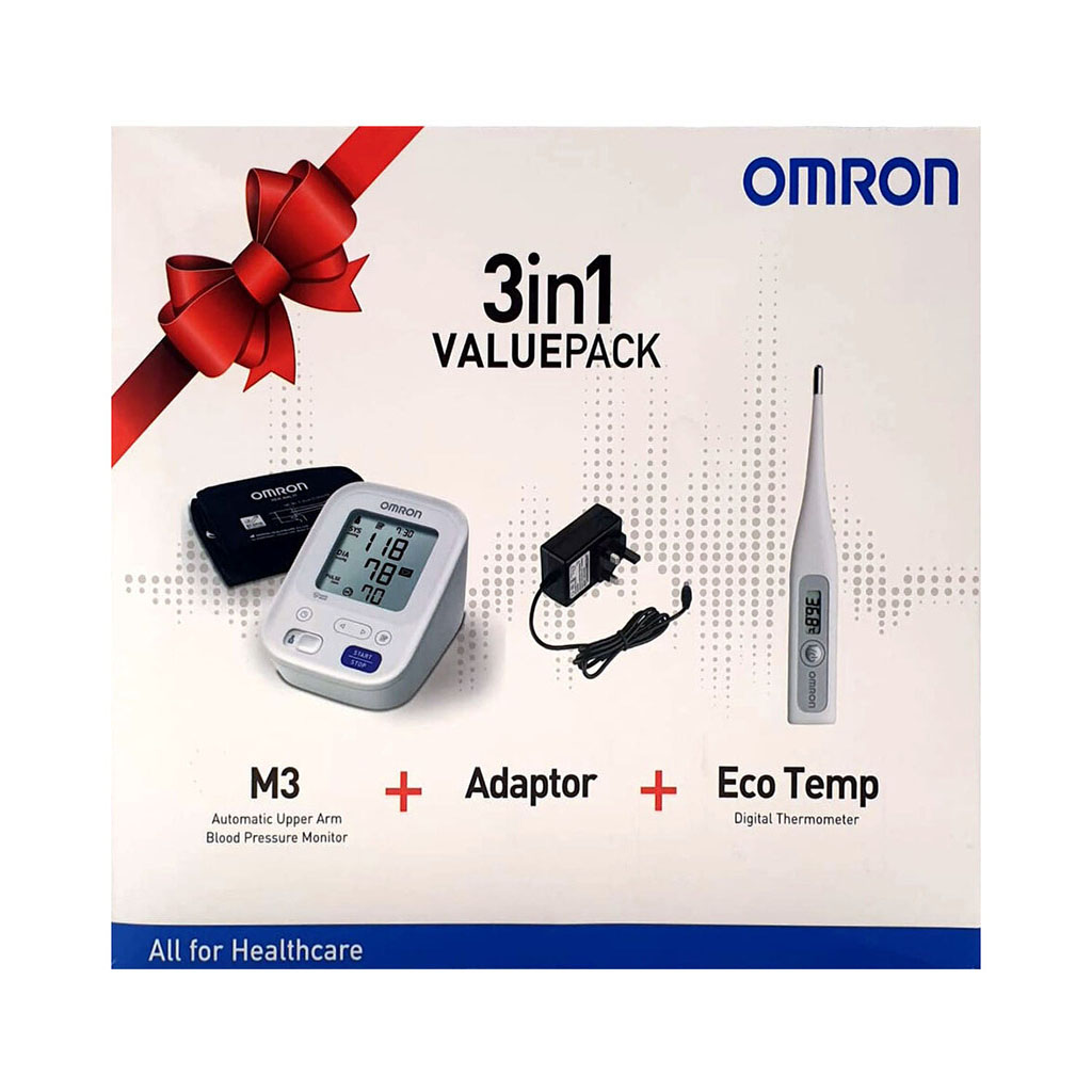 Omron M3 Blood Pressure Monitor + Adaptor + Eco Tem Digital Thermometer
