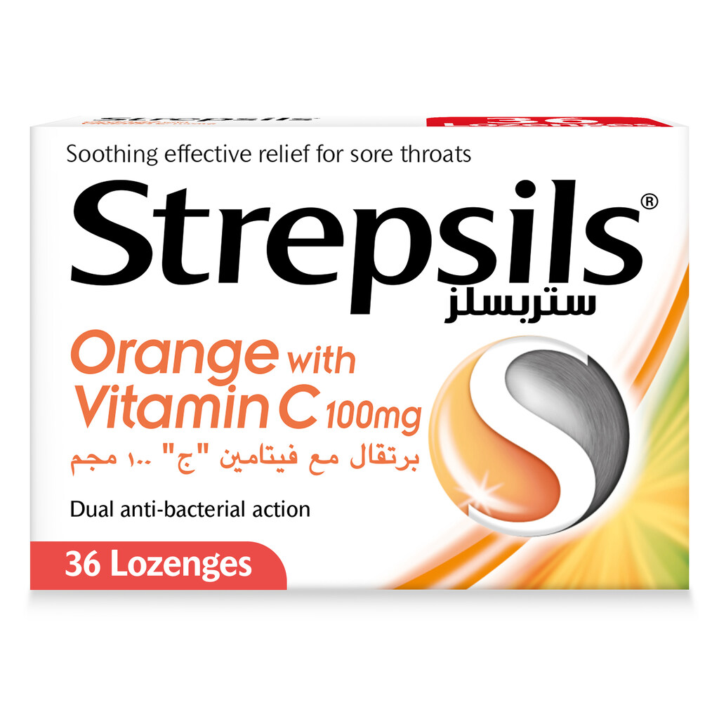 Strepsils Orange With Vitamin C, Dual Anti-Bacterial Action For Fast Effective Relief From Sore Throats, Pack of 36's