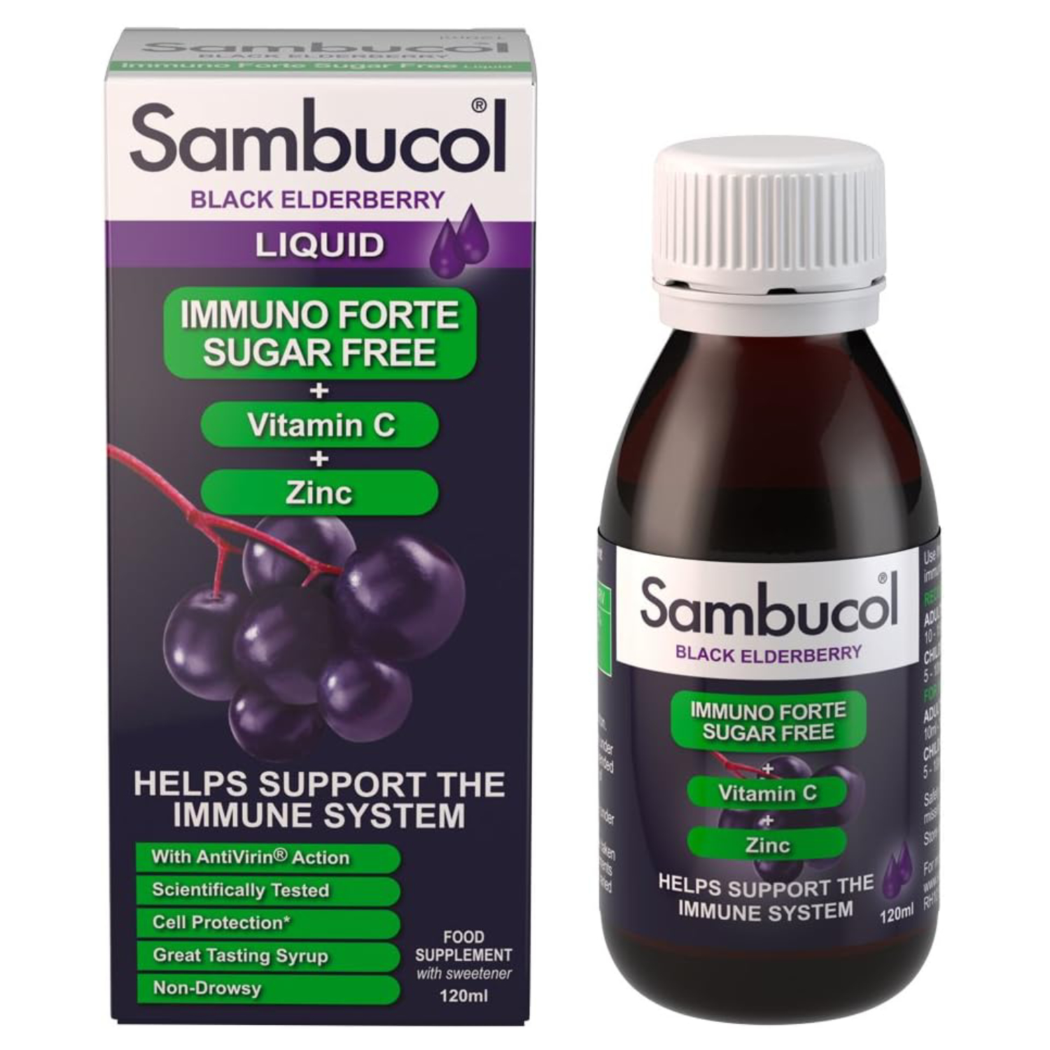 Sambucol Black Elderberry Immuno Forte With Vitamin C & Zinc, Sugar Free Syrup 120ml