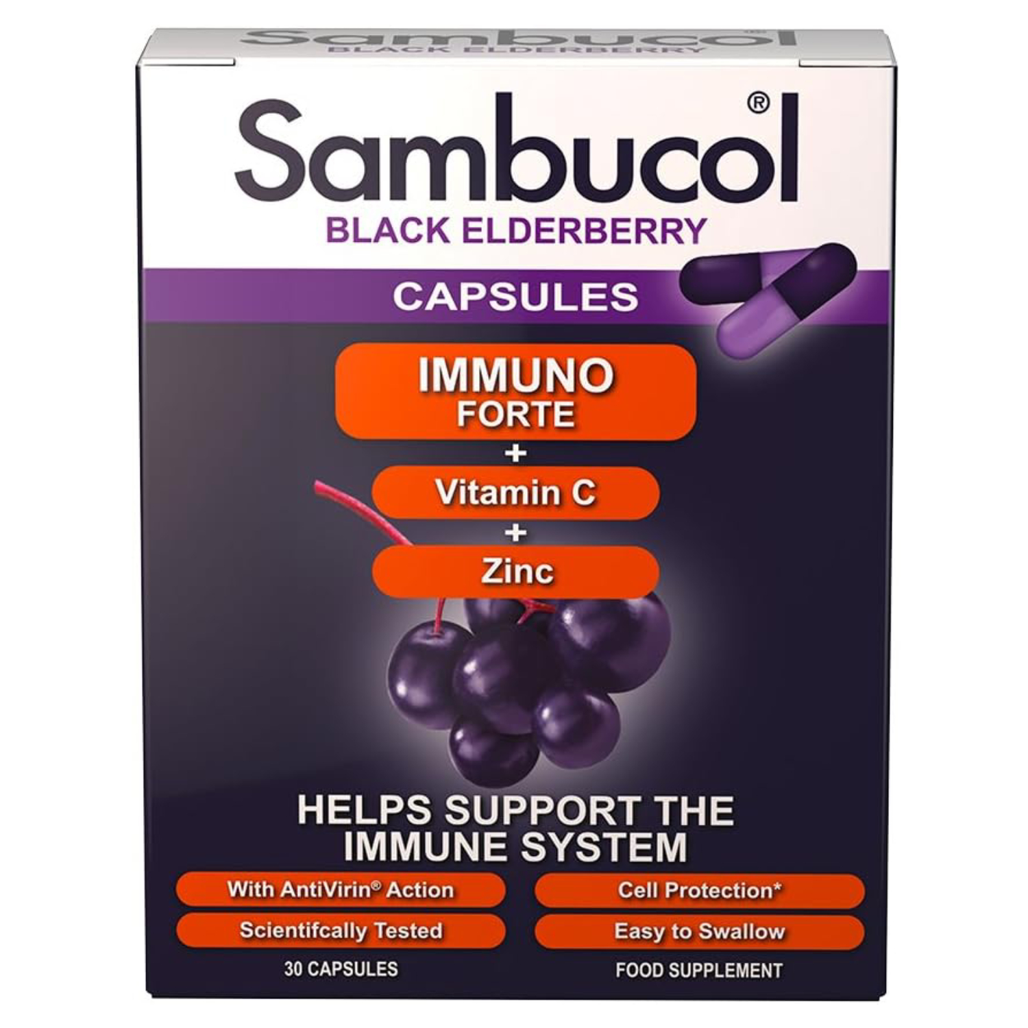 Sambucol Immuno Forte Capsules With Vitamin C & Zinc For Immunity, Pack of 30's