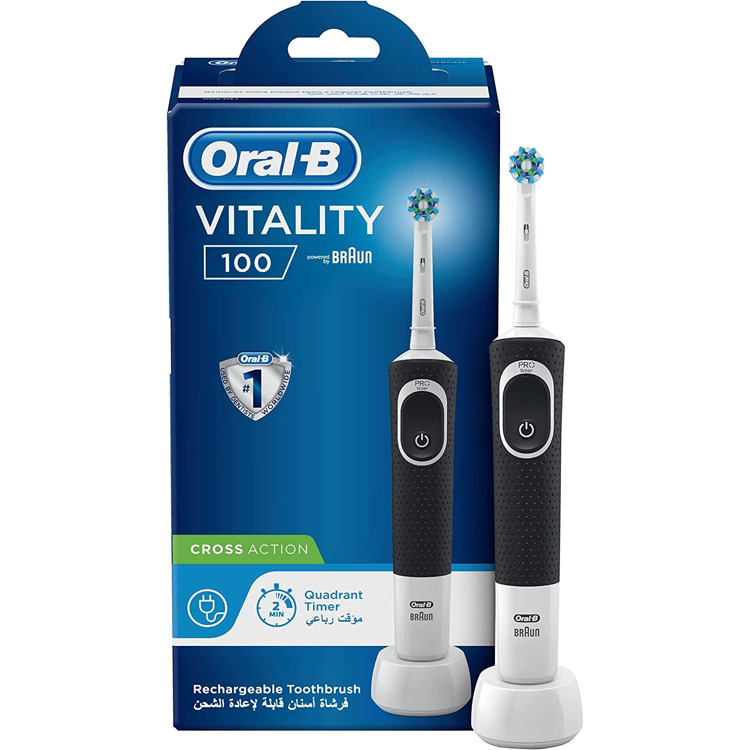 Product Image for Oral B D100.413.1 Black Vitality-100 Cross Action Rechargeable Toothbrush Built-in 2 minute Quadrant Timer