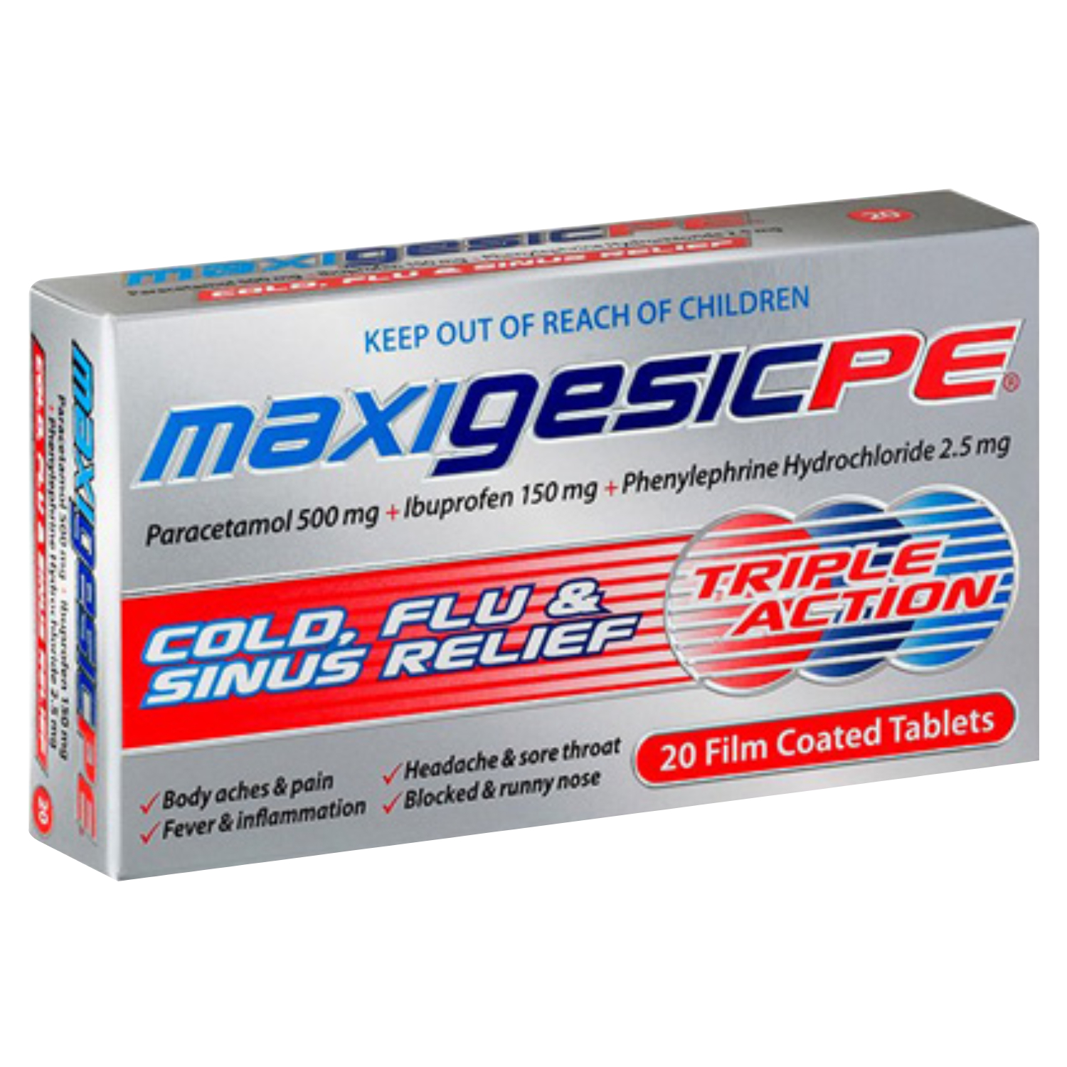 Maxigesic PE Analgesic, Anti inflammatory & Nasal Decongestant Tablets For Cold And Flu, Pack of 20's