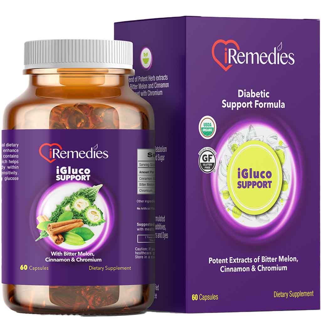 آي ريميديز آي جلوكو مكمل غذائي نباتي لدعم مستوى السكر الطبيعي في الدم خالٍ من الجلوتين 60 كبسولة