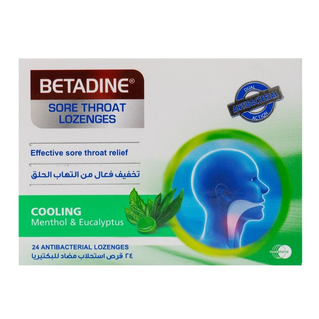 Betadine Antibacterial Lozenges For Sore Throat With Menthol & Eucalyptus, Pack of 24's