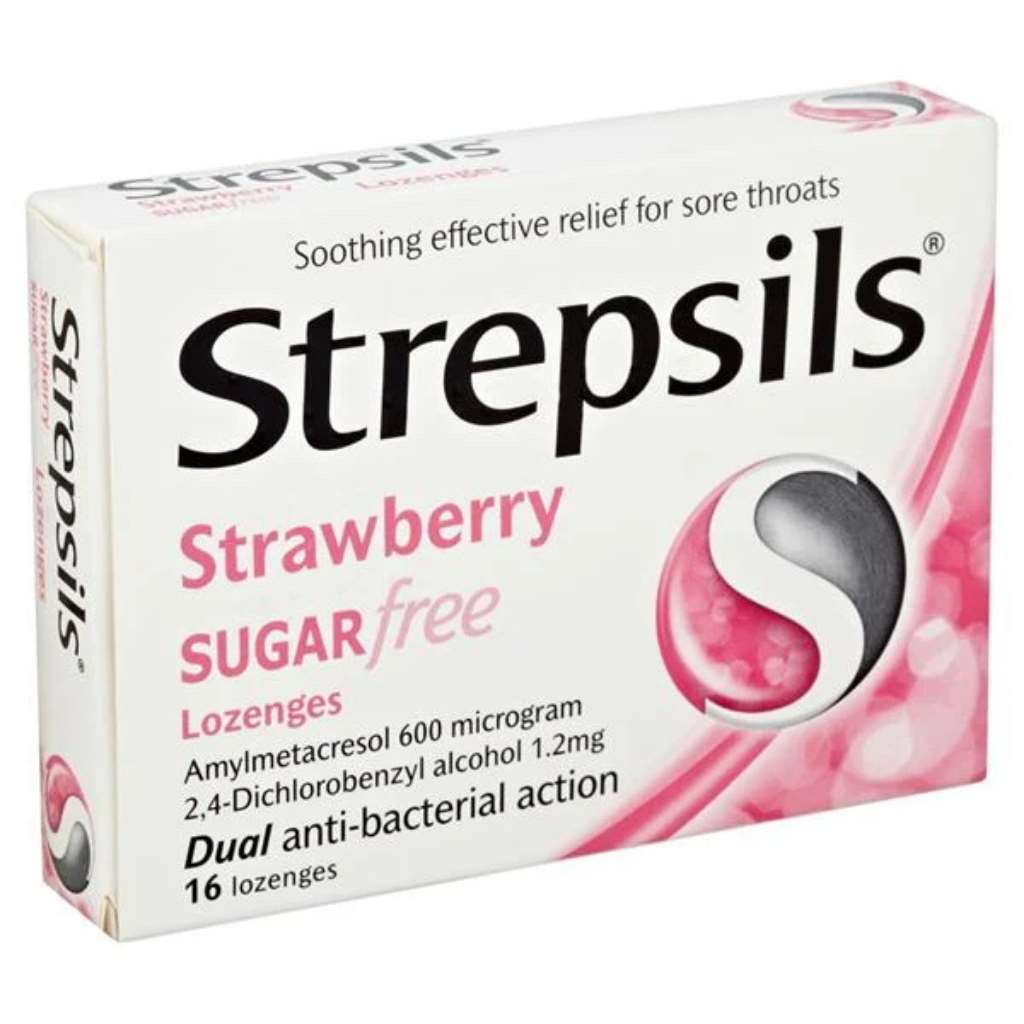 Strepsils Sugar Free Strawberry Antibacterial Throat Lozenges, Pack of 16's