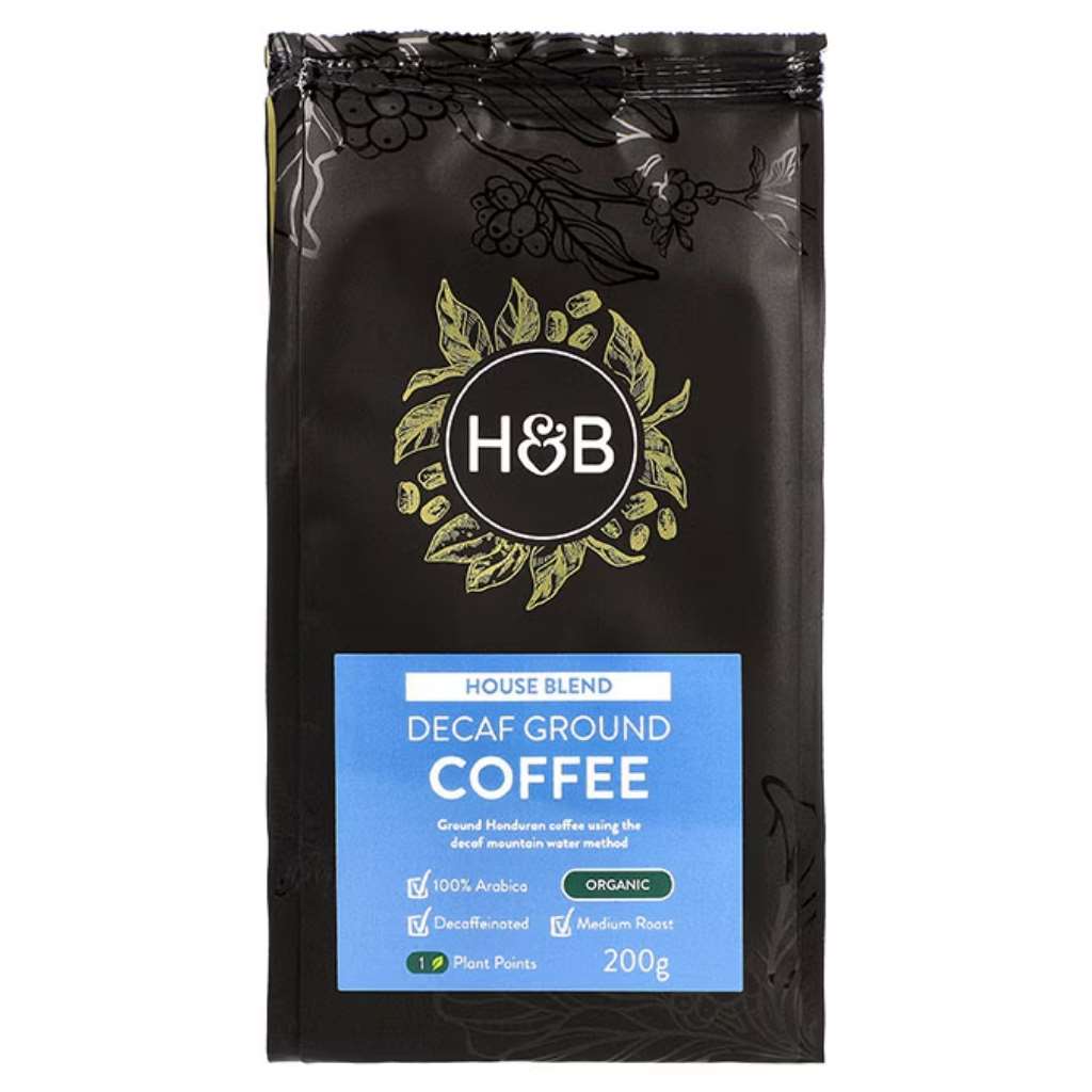 H&B House Blend Ground Decaf Coffee, Organic Arabica Coffee Without Caffeine 200g