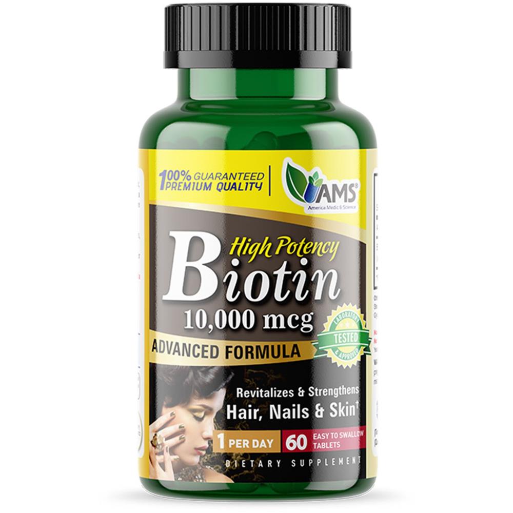AMS Biotin Supplement 10,000 mcg Tablet, Hair Skin And Nails Vitamin, Pack of 60's