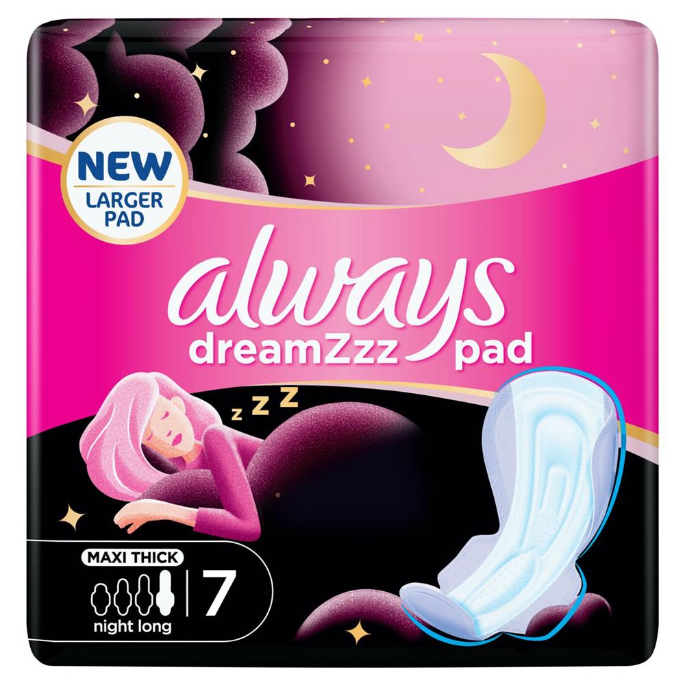 Back Image for Always Dreamzz Pad Cotton Soft Maxi Thick Night Long Sanitary Pads with Wings 7 Count